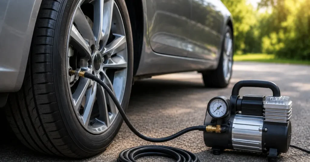 Air compressor inflating a vehicle tire